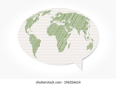 Scribbled world map on a paper cloud vector illustration.