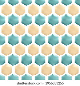 Scribbled Yellow Teal Hexagons Seamless Pattern on White Background. Vector Geometric Texture.