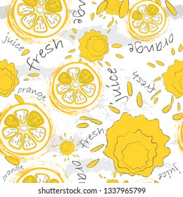 Scribble/doodle. Seamless Endless Pattern with Print of oranges slices,  on white background. Can be used in food industry for wallpapers, posters. Eps10 Vector.