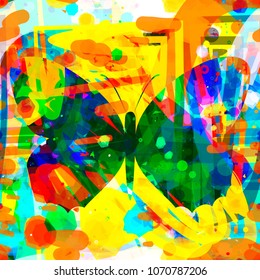 Scribbles with butterfly. Colorful seamless texture. Abstract vector background for web page, fabric, home decor, wrapping, romantic template, boho design