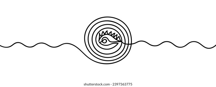 The scribbles are confused. Sketch. Ball of threads. Spinning illusion. A circle with an eye and eyelashes in the center. Thread-like wavy lines with a beginning and an end. Vector illustration. 