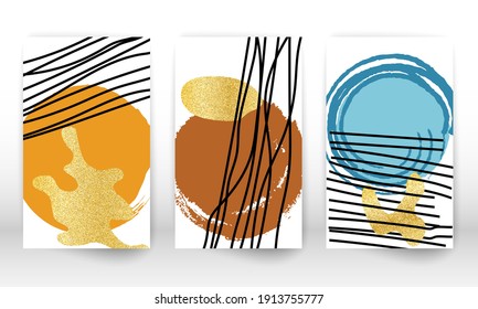 Scribbles design. Watercolor effect design cover. Set of abstract hand drawn geometric shapes. Doodle lines, golden particles. Scribble pattern.