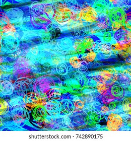 Scribbles and diagonal stripes. Blue seamless texture with color inclusion. Abstract vector background for web page, banners backdrop, fabric, home decor, wrapping