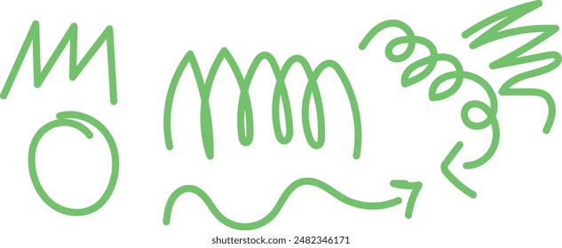 scribbles with different types in green color	