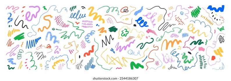 Scribbles, doodle design elements set. Freehand drawings, sketch lines, abstract shapes, brushstrokes, creative squiggles in playful style. Hand-drawn vector illustration isolated on white background