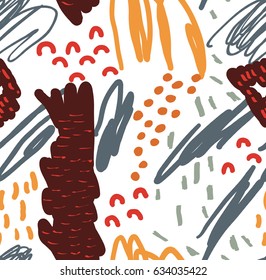 Scribbles and doodles with dots and strokes. Abstract seamless pattern. Universal bright background for greeting cards, invitations. Hand drawn ink and marker watercolor texture.