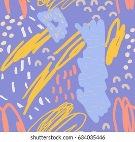 Scribbles and doodles with dots and strokes.Abstract seamless pattern. Universal bright background for greeting cards, invitations. Hand drawn ink and marker watercolor texture.
