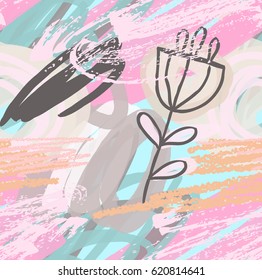 Scribbles and doodles with rough drawn flower and grunge texture.Abstract seamless pattern. Universal bright background for greeting cards, invitations. Had drawn ink and marker watercolor texture.