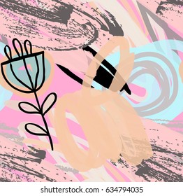 Scribbles and doodles with rough drawn flower and grunge texture. Abstract seamless pattern. Universal bright background for greeting cards, invitations. Had drawn ink and marker watercolor texture.