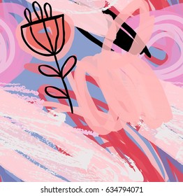 Scribbles and doodles with rough drawn flower and grunge texture.Abstract seamless pattern. Universal bright background for greeting cards, invitations. Had drawn ink and marker watercolor texture.