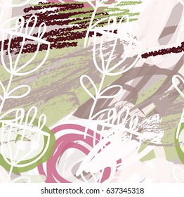 Scribbles and doodles with rough drawn flower and grunge texture.Abstract seamless pattern. Universal bright background for greeting cards, invitations. Had drawn ink and marker watercolor texture.