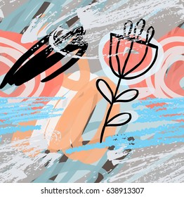 Scribbles and doodles with rough drawn flower and grunge texture.Abstract seamless pattern. Universal bright background for greeting cards, invitations. Had drawn ink and marker watercolor texture.