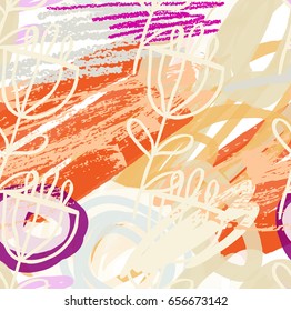 Scribbles and doodles with rough drawn flower and grunge texture.Abstract seamless pattern. Universal bright background for greeting cards, invitations. Had drawn ink and marker watercolor texture.