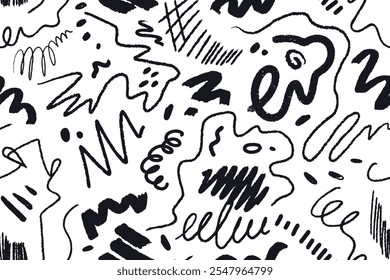 Scribbles and doodles, seamless pattern. Endless background drawing, black and white ink lines. Abstract repeating print, texture for fabric, wallpaper and wrapping. Hand-drawn vector illustration