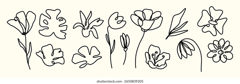 Scribbles and doodles. Set of modern trendy minimalistic elements. Editable stroke. Retro and vintage. Ink and pencil. Hippie. Grunge floral. Aesthetic hand drawn flowers. Clipart