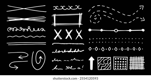 Scribbles and doodles in white line, abstract freehand drawing, design elements and decorative stickers, arrows, lines, curves. Frames and borders. Vector art.