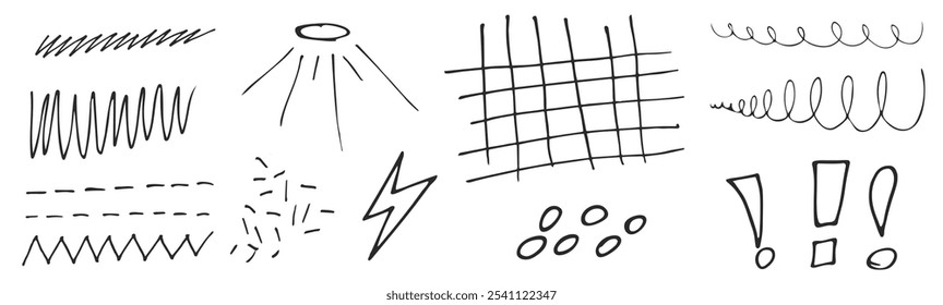 Rabiscos na forma de ondas, ziguezague, linhas, pontos, redemoinhos. Projeto do layout da célula para o projeto de livretos, banners, cartazes, brochuras. Design minimalista do ponto de exclamação 