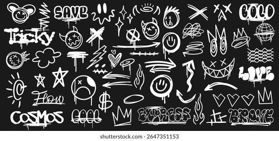 Scribbles graffiti element set, Urban elements symbols, Hand-drawn street art sign, Streetwear doodles collection, Street style graphic signs bundle