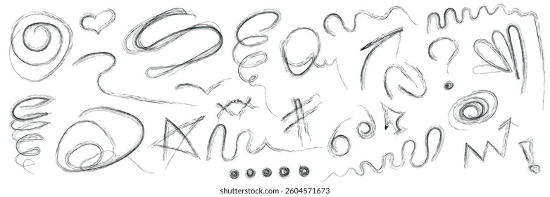  Scribbles. Hand drawn pencil brush elements, black marker strokes. Strikethroughs, swirls, vector collection