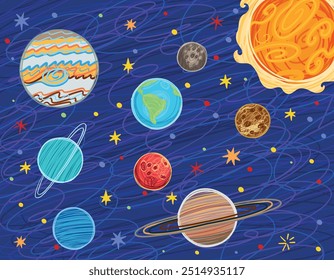 Rabiscos. Sistema solar com garatujas desenhadas à mão. Ilustração vetorial do Sistema Solar com planetas: O Sol, Mercúrio, Vênus, Terra, Marte, Júpiter, Saturno, Urano, Netuno.