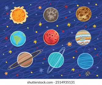 Rabiscos. Sistema solar com garatujas desenhadas à mão. Ilustração vetorial do Sistema Solar com planetas: O Sol, Mercúrio, Vênus, Terra, Marte, Júpiter, Saturno, Urano, Netuno.