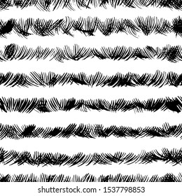 Scribbles ink brushstrokes seamless pattern. Hand drawn abstract paint texture. Grass, twigs smears textured drawing. Black dry brushes background design. Wrapping paper, textile vector backdrop. 