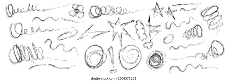  Scribbles. Ink strokes. Lines, shapes, loops, hand drawn. Hand drawn spontaneous marks, dirty black marker swirl, abstract pen sketch, pencil curves. Vector set