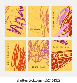 Scribbles marks crayon texture yellow purple.Hand drawn creative invitation greeting cards.Poster placard flayer design templates. Anniversary Birthday wedding party cards.Isolated on layer.