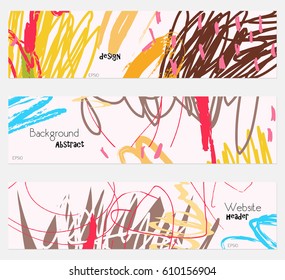 Scribbles marks doodles brown on cream banner set.Hand drawn textures creative abstract design. Website header social media advertisement sale brochure templates. Isolated on layer