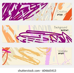 Scribbles marks doodles purple yellow banner set.Hand drawn textures creative abstract design. Website header social media advertisement sale brochure templates. Isolated on layer