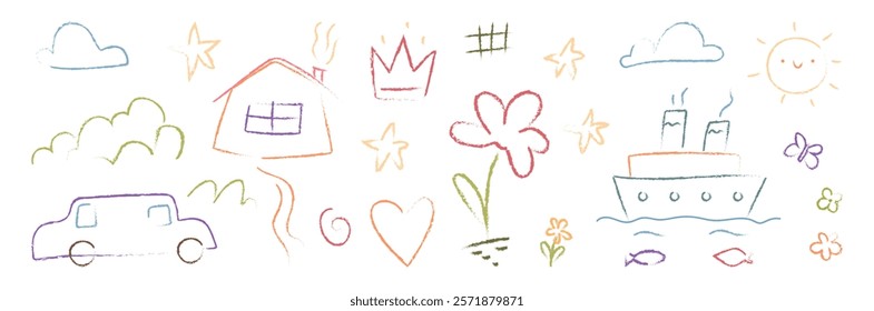 Scribbles and painting made by children. Vector in flat style, isolated set of cute drawings of house and car, flowers in blossom and nature, clouds and ship on sea waves. Creativity and imagination