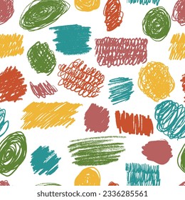 Scribbles seamless pattern. Hand drawn colorful pencil curly lines. Marker drawing squiggles, strokes vector illustration. Paint brush sketches. Scrawl textured freehand wallpaper. Kids background 
