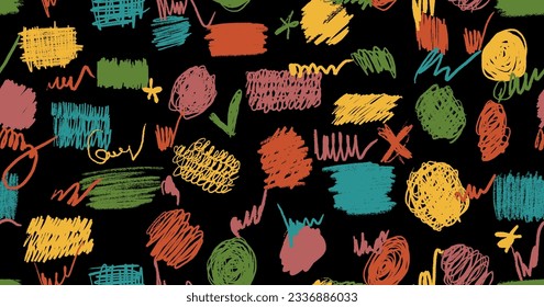 Scribbles seamless pattern. Hand drawn colorful pencil curly lines. Marker drawing squiggles, strokes vector illustration. Paint brush sketches. Scrawl textured freehand wallpaper. Kids background 