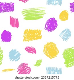 Scribbles seamless pattern. Hand drawn colorful pencil curly lines. Marker drawing squiggles, strokes vector illustration. Paint brush sketches. Scrawl textured freehand wallpaper. Kids background 