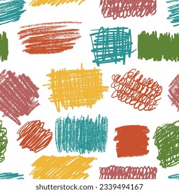 Scribbles seamless pattern. Hand drawn colorful pencil curly lines. Marker drawing squiggles, strokes vector illustration. Paint brush sketches. Scrawl textured freehand wallpaper. Kids background