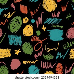 Scribbles seamless pattern. Hand drawn colorful pencil curly lines. Marker drawing squiggles, strokes vector illustration. Paint brush sketches. Scrawl textured freehand wallpaper. Kids background