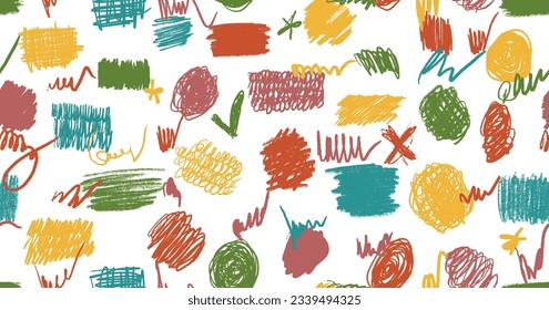 Scribbles seamless pattern. Hand drawn colorful pencil curly lines. Marker drawing squiggles, strokes vector illustration. Paint brush sketches. Scrawl textured freehand wallpaper. Kids background