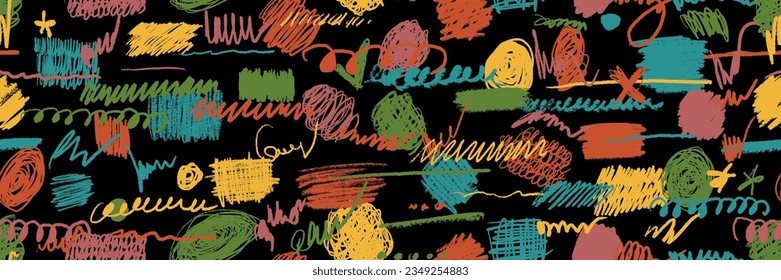 Scribbles seamless pattern. Hand drawn colorful pencil curly lines. Marker drawing squiggles, strokes vector illustration. Paint brush sketches. Scrawl textured freehand wallpaper. Kids background