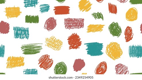 Scribbles seamless pattern. Hand drawn colorful pencil curly lines. Marker drawing squiggles, strokes vector illustration. Paint brush sketches. Scrawl textured freehand wallpaper. Kids background