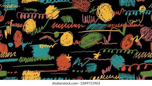 Scribbles seamless pattern. Hand drawn colorful pencil curly lines. Marker drawing squiggles, strokes vector illustration. Paint brush sketches. Scrawl textured freehand wallpaper. Kids background