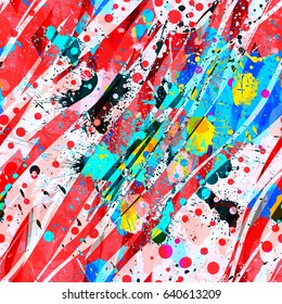 Scribbles seamless texture with blots. Red, pink, blue, black, yellow colors. Abstract vector pattern for fabric, wrapping, home decor. 