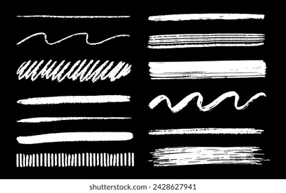 Scribbles set. Hand drawn chalk rough brush lines. White marker drawing strokes vector collection. Paint brush sketches. Scrawl textured elements isolated on black background