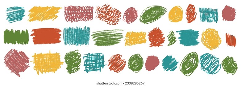 Scribbles set. Hand drawn colorful pencil curly lines. Marker drawing squiggles, strokes vector collection. Paint brush sketches. Scrawl textured freehand isolated elements