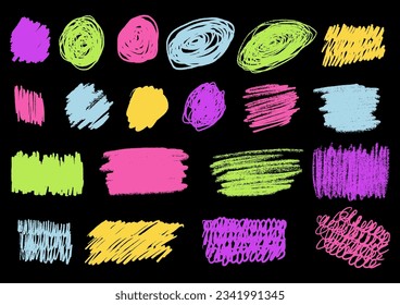 Scribbles set. Hand drawn colorful pencil curly lines. Marker drawing squiggles, strokes vector collection. Paint brush sketches. Scrawl textured freehand isolated elements