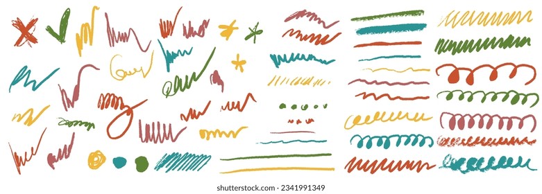 Scribbles set. Hand drawn colorful pencil curly lines. Marker drawing squiggles, strokes vector collection. Paint brush sketches. Scrawl textured freehand isolated elements