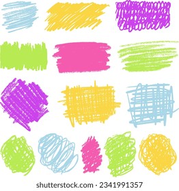 Scribbles set. Hand drawn colorful pencil curly lines. Marker drawing squiggles, strokes vector collection. Paint brush sketches. Scrawl textured freehand isolated elements