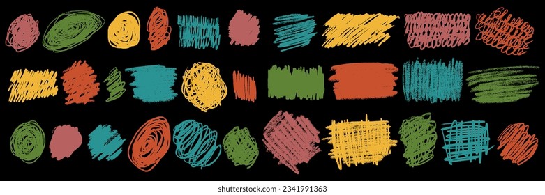 Scribbles set. Hand drawn colorful pencil curly lines. Marker drawing squiggles, strokes vector collection. Paint brush sketches. Scrawl textured freehand isolated elements