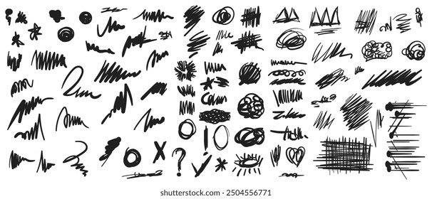 Scribbles set. Hand drawn colorful pencil curly lines. Marker drawing squiggles, strokes vector collection. Paint brush sketches. Scrawl textured freehand isolated elements