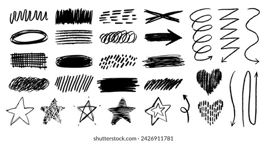 Scribbles set. Hand drawn pencil curly lines. Black marker drawing squiggles, strokes vector collection. Paint brush sketches. Scrawl textured elements isolated on white background