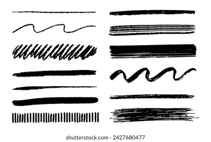 Scribbles set. Hand drawn pencil curly lines. Black marker drawing squiggles, strokes vector collection. Paint brush sketches. Scrawl textured elements isolated on white background